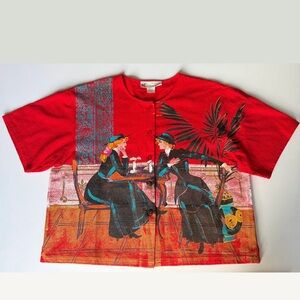 Vintage 80s Marguerita Hand Painted Red Short Sleeve Button Up Shirt Ladies S